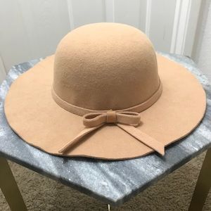 Tan floppy fedora wool felt hat with bow detail